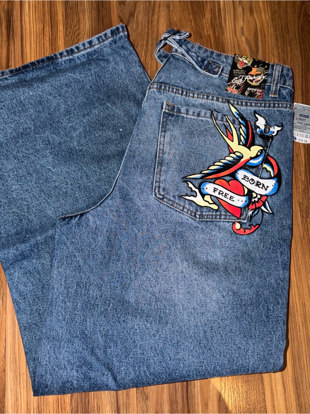 NWT Ed Hardy Blue Denim Jeans with Gold Stitching